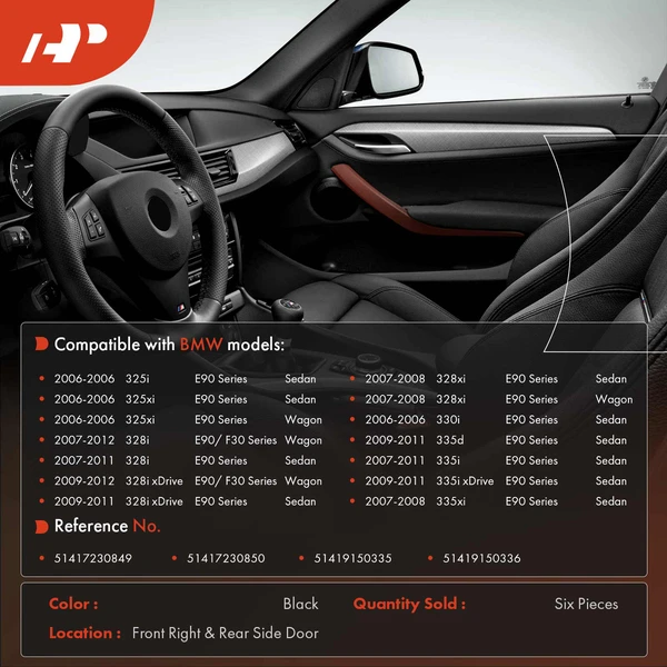 6 Pcs Driver & Passenger Carbon Fiber Interior Door Pull Handle Trim Set for BMW E90 325i