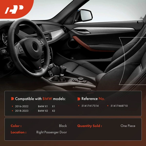 Passenger Black Interior Door Pull Handle Trim Cover for BMW X1 2016-2022 X2 F48 F39