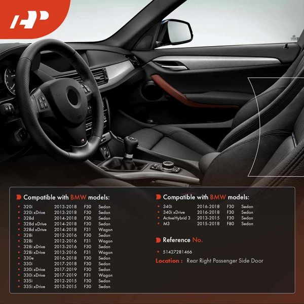 Rear Passenger Black Interior Door Pull Handle Trim for BMW 3-Series M3 F30 F31 F80