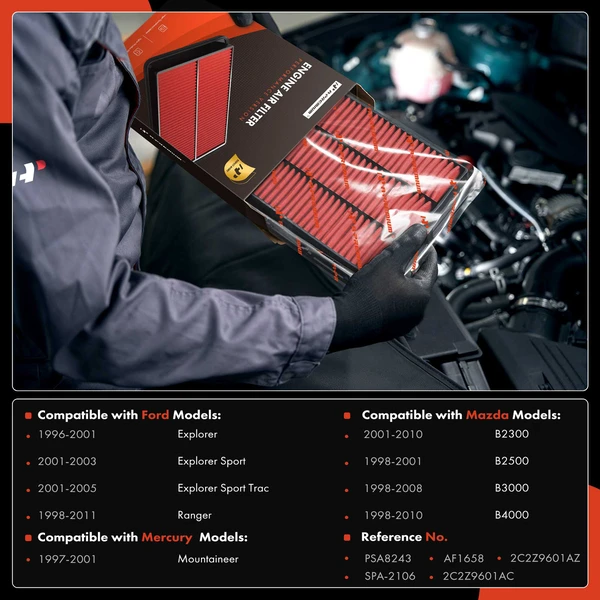 2 Pcs High Performance Engine Air Filter for Ford Ranger Explorer Mazda B2500 B4000