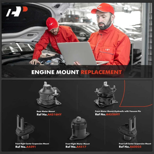 5-Pc Engine Motor Mount-Hydraulic with vacuum pin + Motor Mount + Center Suspension Mount, Front & Rear, A-Premium APEM236