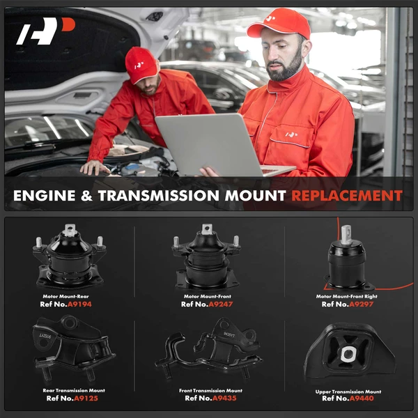 6-Pc Motor Mount with Vacuum & Port Location at Base Bottom + Motor Mount + Transmission Mount, Front & Rear, A-Premium APEM594