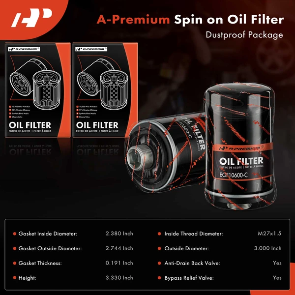 2 Pcs Engine Oil Filter for VW Jetta Beetle Passat Audi 10K Mile Protection