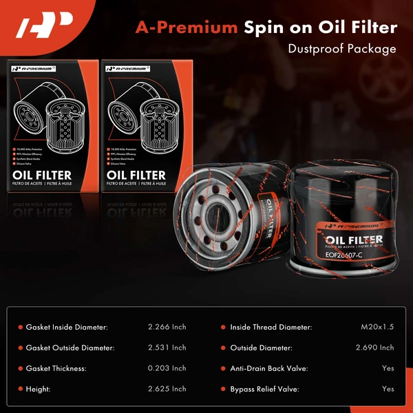 2 Pcs Engine Oil Filter for Chevy Ford Toyota Honda Mitsubishi Mazda 10K Miles