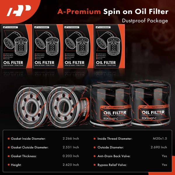 4 Pcs Engine Oil Filter for Chevy Ford Toyota Honda Mitsubishi Mazda 10K Miles