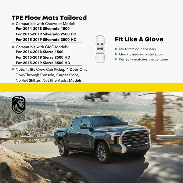 3 Pcs Front & Rear Black TPE textured Floor Mats Liners for 2015-2019 GMC Sierra 3500 HD