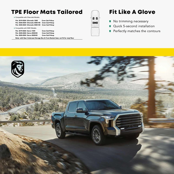 3 Pcs Front & Rear Black TPE textured Floor Mats Liners for 2020-2024 GMC Sierra 3500 HD