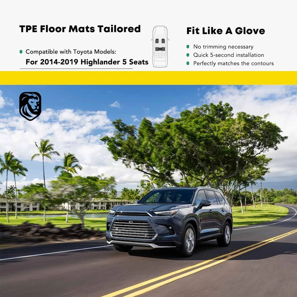 3 Pcs Front & Rear Black TPE textured Floor Mats Liners for Toyota Highlander 2014-2019 5-Seats