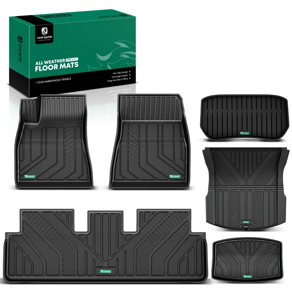 6 Pcs Front & Rear Black TPE textured Floor Mats Liners for Tesla Model 3 Highland 2024-Up