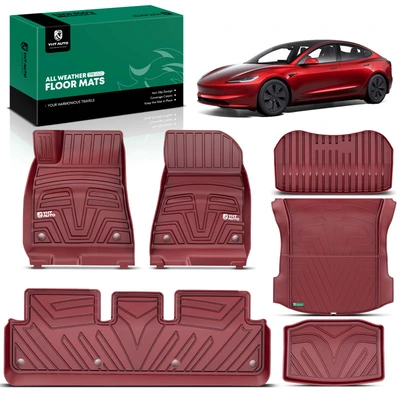 6 Pcs Front & Rear Red Floor Mats Liners for 2021-2023 Tesla 3