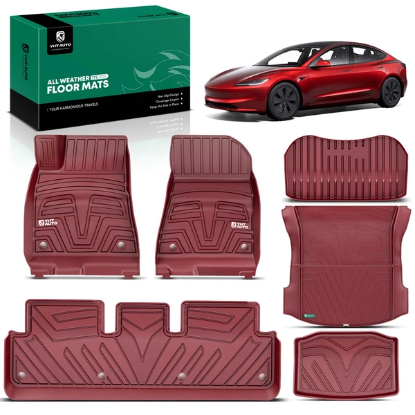6 Pcs Front & Rear Red Floor Mats Liners for Tesla Model 3 2021-2023 Sedan