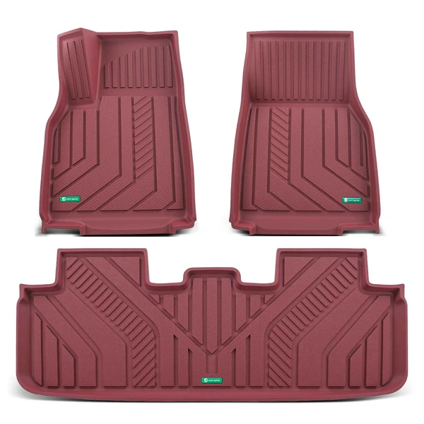 3 Pcs Front & Rear Rows Red Floor Mat for Tesla Model Y 2025 Sport Utility 4-Door