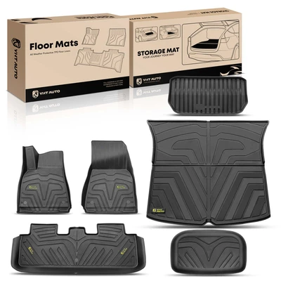 6 Pcs Front & Rear Black TPE textured Floor Mats + Storage Mats