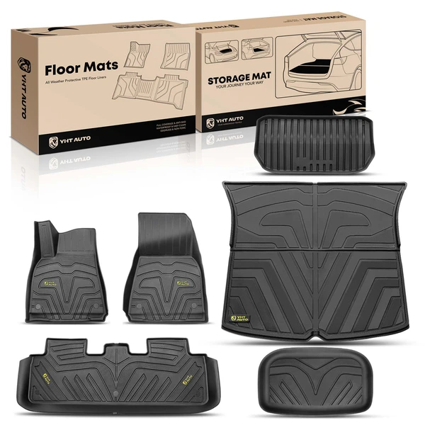 6 Pcs Front & Rear Black TPE textured Floor Mats + Storage Mats for Tesla Model Y 2020-2023