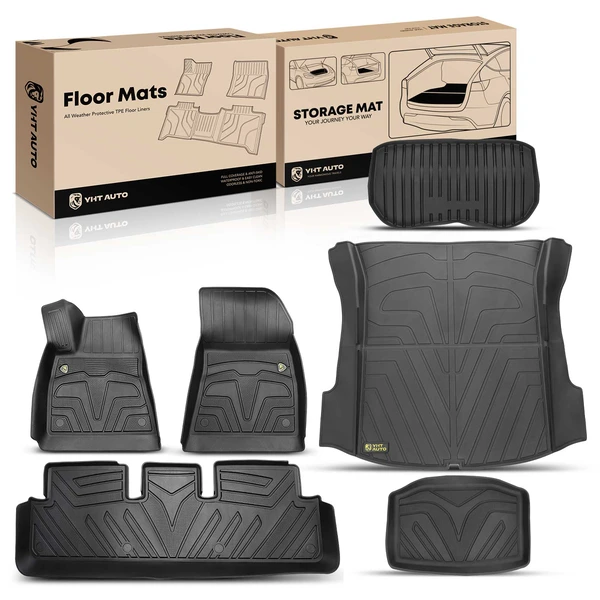6 Pcs Front & Rear Black TPE textured Floor Mats + Storage Mats for Tesla Model 3 2021-2023
