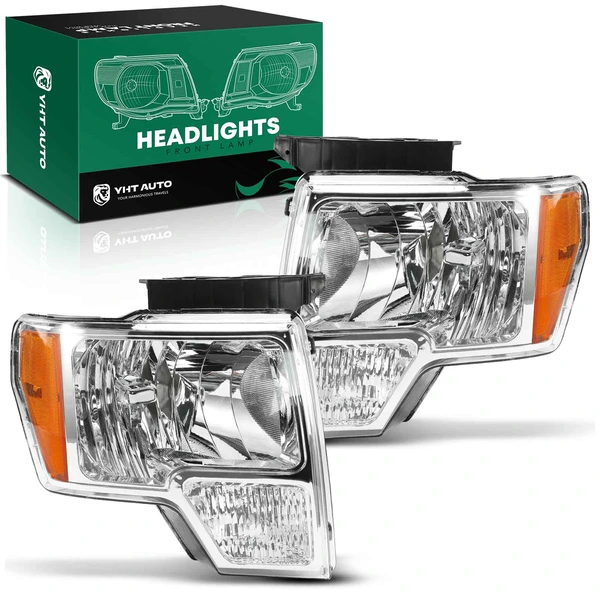 2 Pcs Clear Black Front Halogen Headlights Assembly for Ford F-150 2009-2014