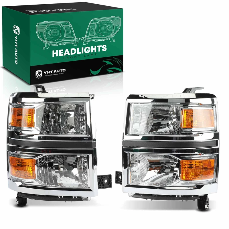 2 Pcs Clear Chrome Front Halogen Headlights Assembly for 2014-2015 Chevrolet Silverado 1500