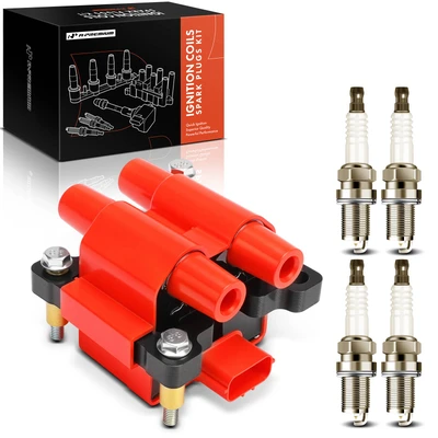 1 Pc Red Ignition Coil & 4 Pcs Iridium Spark Plug Kit
