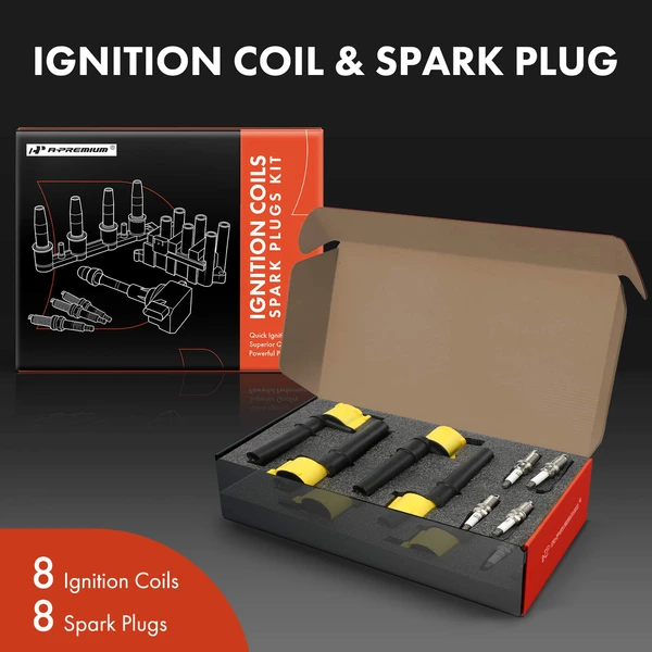 Ignition Coil and Spark Plug Kit Set of A Set of 8 Double Iridium Series, 2-Blade Terminal A-Premium APIC1247