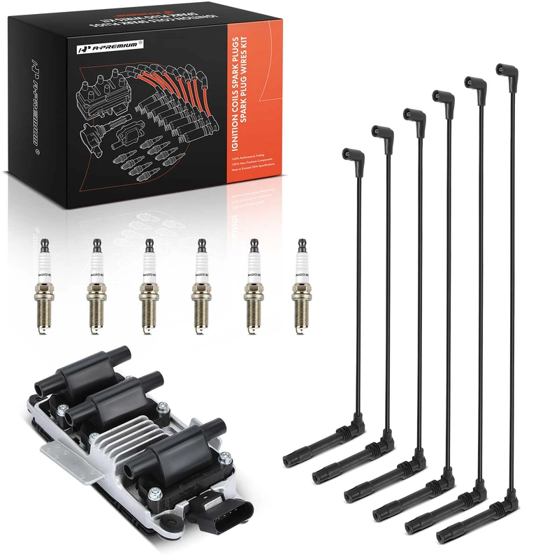 1 Pc Ignition Coil & 6 Pcs Iridium Spark Plugs & 6 Pcs Wires for VW Passat Audi A4 A6