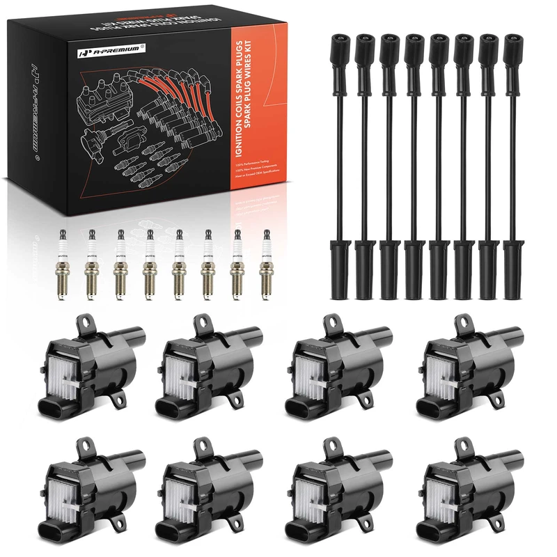 8 Pcs Ignition Coils & 8 Pcs Iridium Spark Plugs & 8 Pcs Wires for Chevrolet Cadillac GMC