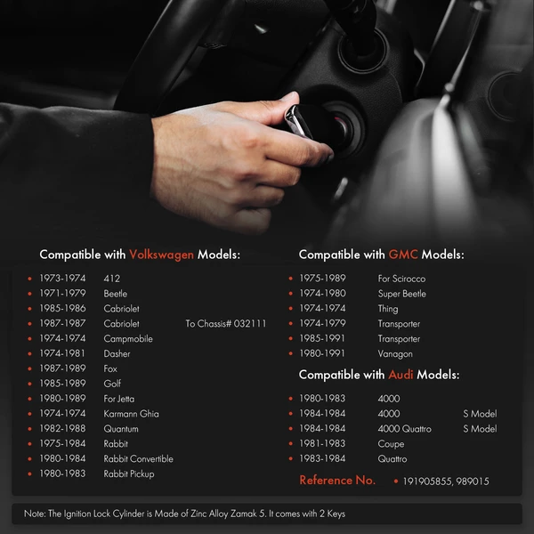 Ignition Lock Cylinder Zamak 5 with Keys for Volkswagen Jetta Golf Beetle Audi