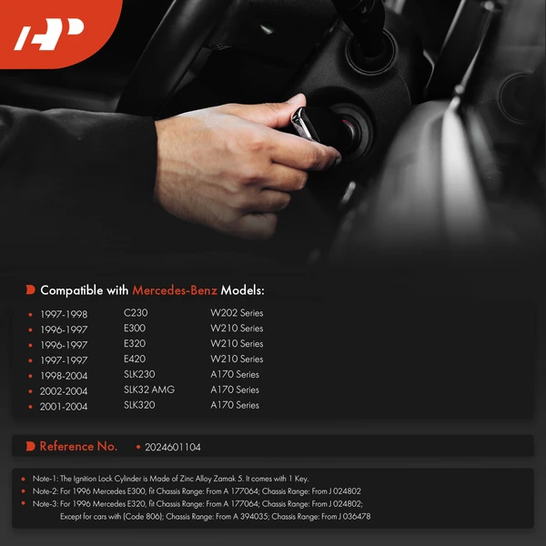 Ignition Lock Cylinder Zamak 5 with Key for Mercedes-Benz C230 E300 E320 SLK230