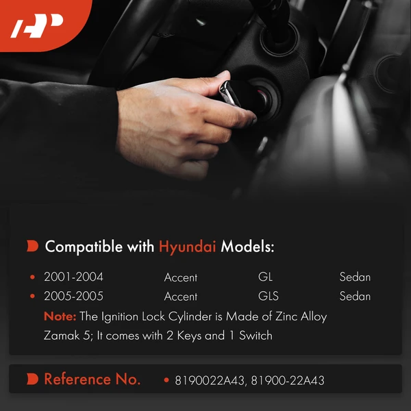 Ignition Lock Cylinder Zamak 5 with 2 Keys & Switch for Hyundai 2001-2005 Sedan