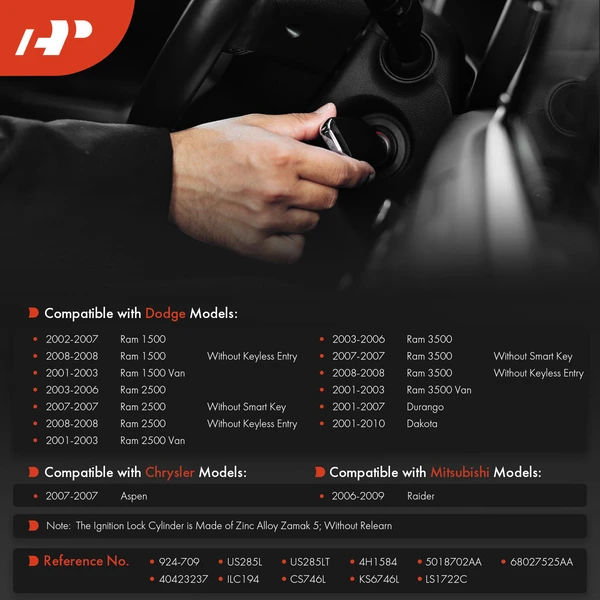 Ignition Lock Cylinder Zamak 5 with Keys for Dodge Ram 1500 2500 3500 Chrysler Aspen