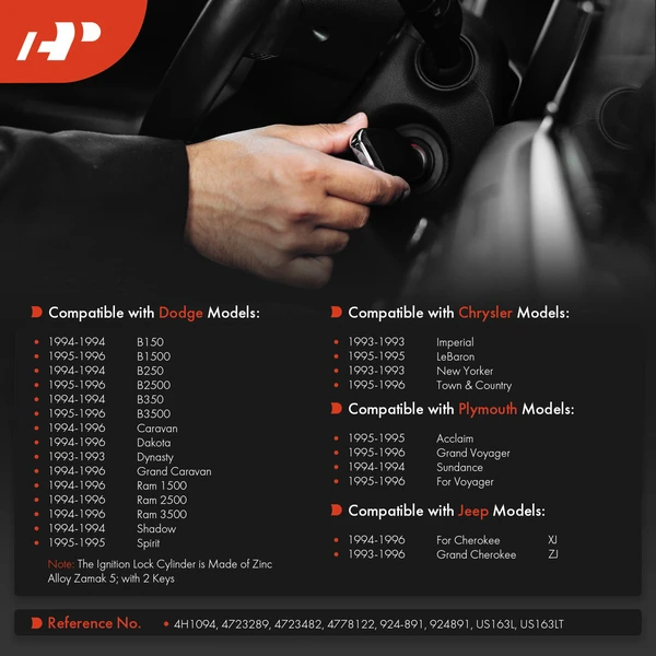 Ignition Lock Cylinder Zamak 5 with Keys for Jeep Cherokee Dodge Chrysler Plymouth