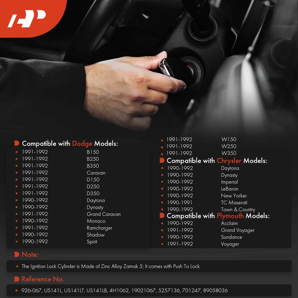 Ignition Lock Cylinder Zamak 5 with Keys for Dodge Caravan Chrysler Dynasty D150