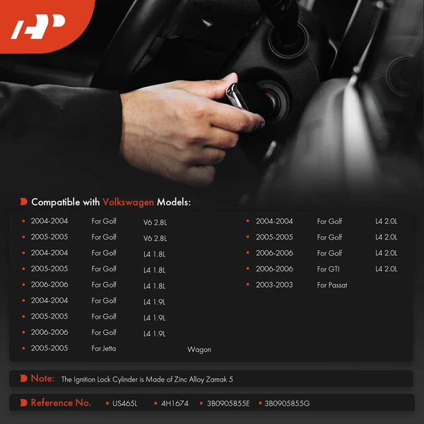 Ignition Lock Cylinder Zamak 5 with 2 Keys for Volkswagen Jetta 2005 Passat 2003 Golf