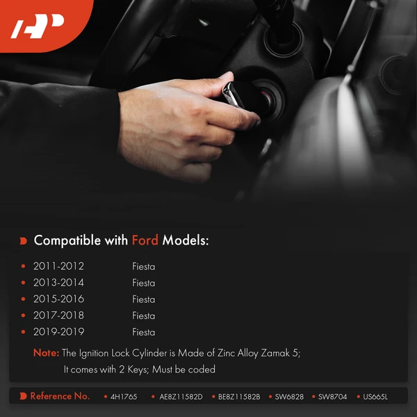 Ignition Lock Cylinder Zamak 5 with 2 Keys for Ford Fiesta 2011-2019