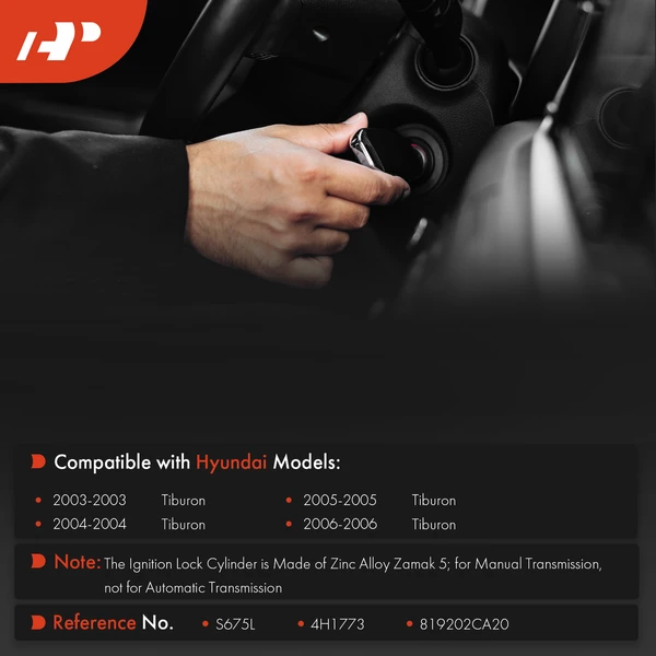 Ignition Lock Cylinder Zamak 5 with 2 Keys for Hyundai Tiburon 03-06 Manual Transmission