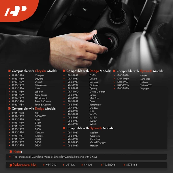 Ignition Lock Cylinder Zamak 5 with 2 Keys for Chrysler Town & Country Dodge Plymouth