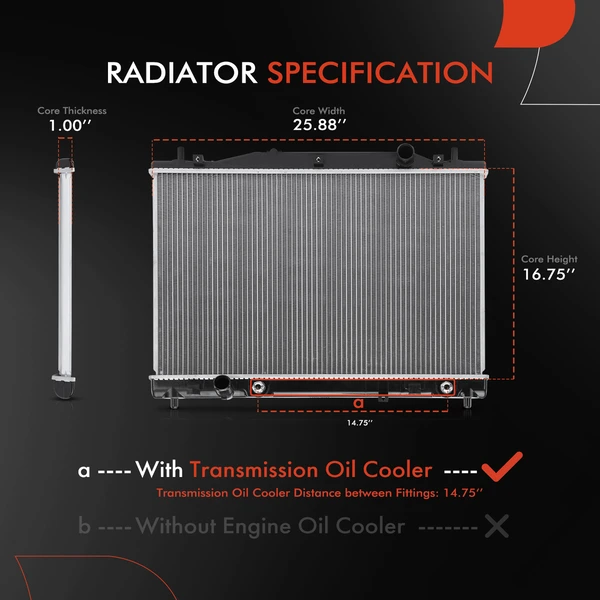 Aluminum Radiator with Transmission Oil Cooler for Cadillac CTS 04-07 Automatic Trans.