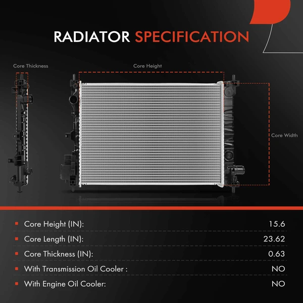 Primary Radiator without Oil Cooler for Chevrolet Spark 2016-2022 L4 1.4L Hatchback Manual