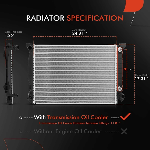 Aluminum Radiator with Transmission Oil Cooler for Audi A4 02-08 A4 Quattro A6 Auto Trans.