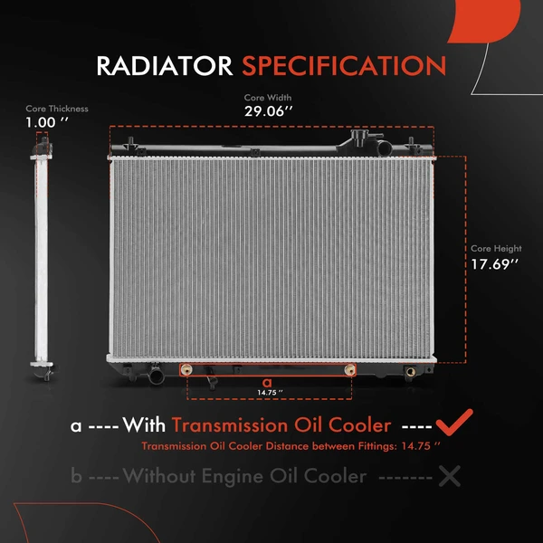 Aluminum Radiator with Transmission Oil Cooler for Toyota Highlander 2001-2007 3.0L 3.3L