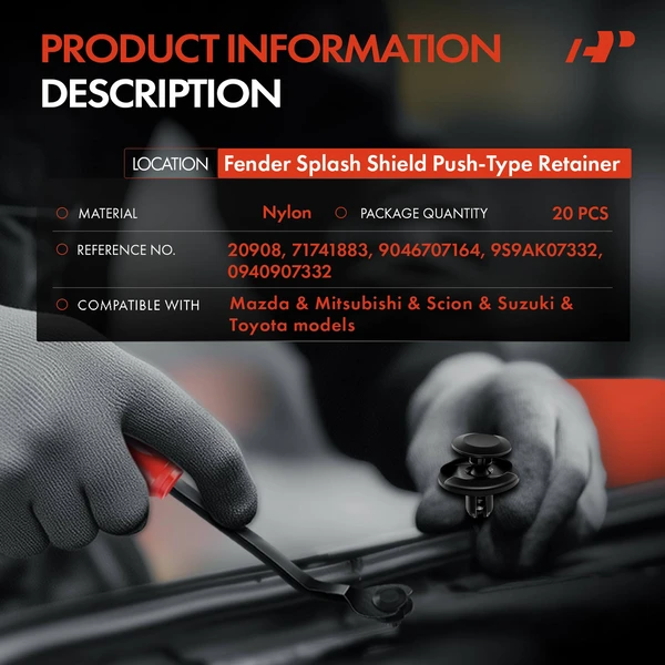 20 Pcs 7mm Nylon Black Fender Splash Shield Retainer A-Premium APRCF538