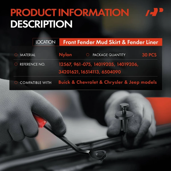 30 Pcs 6.35mm Nylon Black Front Fender Mud Skirt & Fender Liner Retainer A-Premium APRCF2373