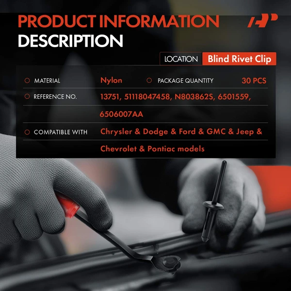 2005-2010 Jeep Grand Cherokee 30 Pcs Nylon Black Blind Rivet Retainer Clip A-Premium APRCF2617