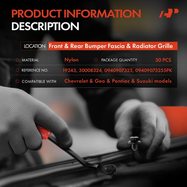 50 Pcs 9mm Nylon Black Front & Rear Bumper Fascia & Radiator Grille Retainer A-Premium APRCF4284