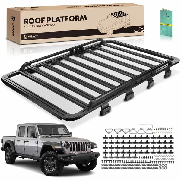 78-inch x 55-inch Black Aluminum Alloy Roof Rack Platform with Side Guardrail for 2018-2023 Jeep Wrangler