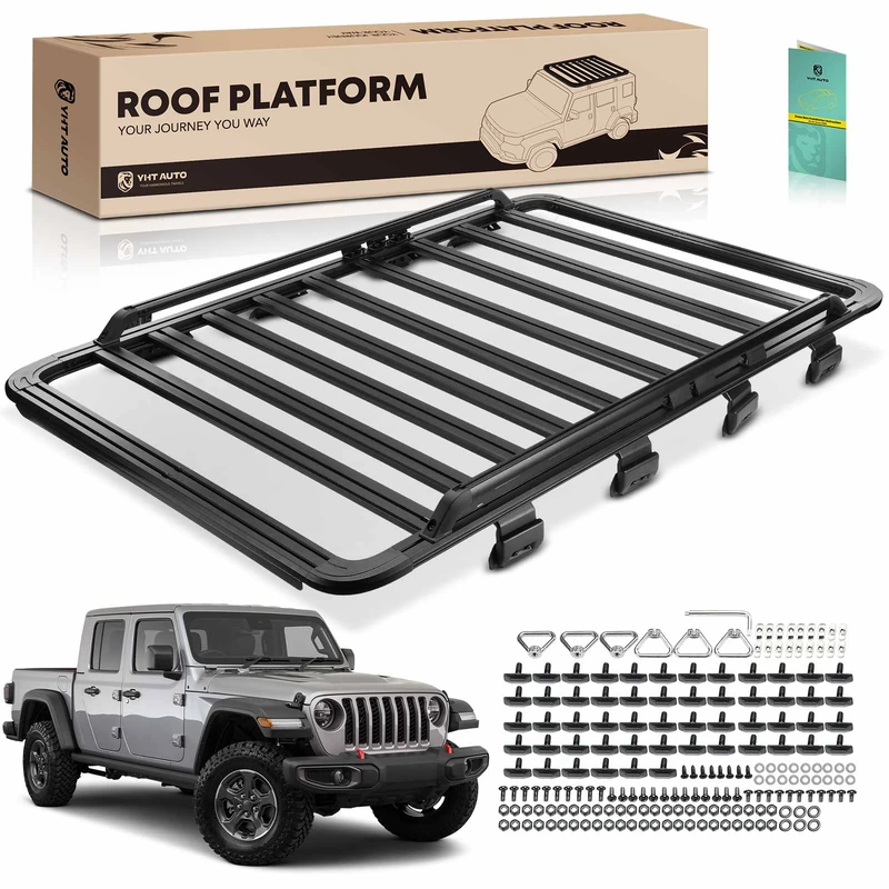 78-inch x 55-inch Black Aluminum Alloy Roof Rack Platform with Side Guardrail for Jeep Wrangler JL