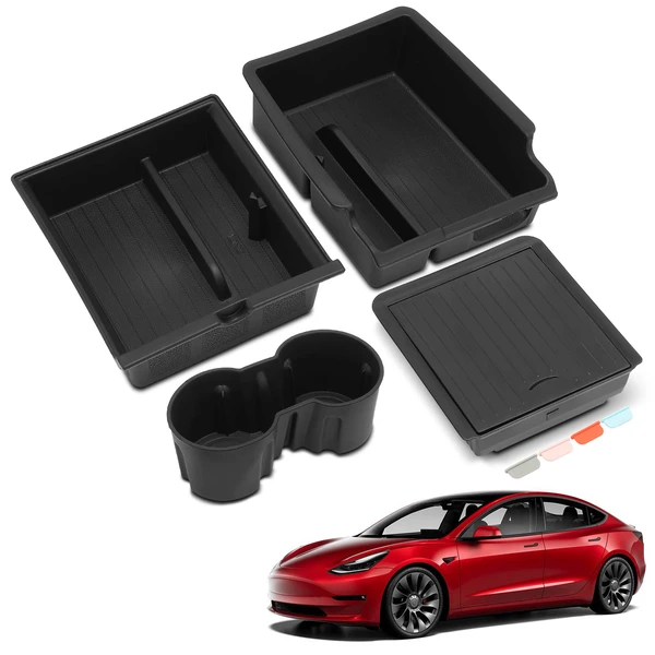 4 Pcs Center Storage Box Holder & Armrest Hidden Box for 2021-2023 Tesla 3