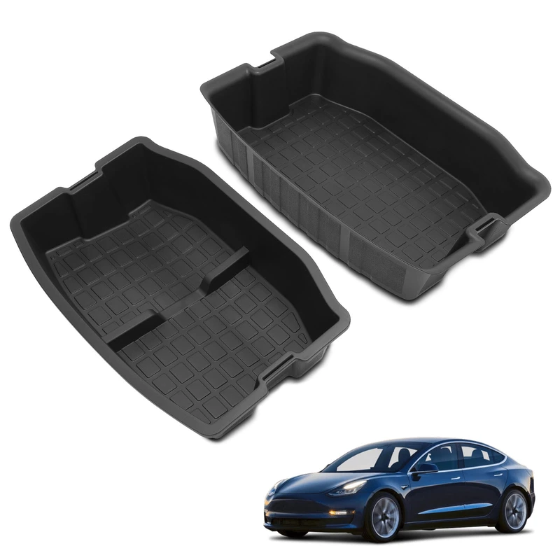 2 Pcs Rear Trunk Black Double-Layer Organizer Storage Box for Tesla 3 2017-2023