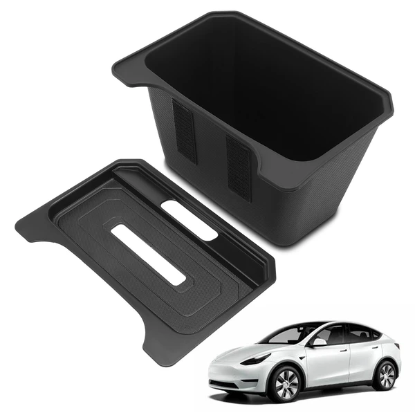 Rear Center Black Console Storage Box with Cover for Tesla Y 2020-2024
