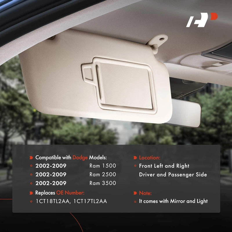 2 pcs Left & Right Beige Sun Visor with Mirror for Dodge Ram 1500 Ram 2500 / 3500