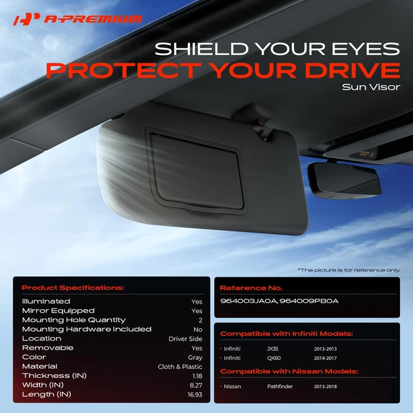 Driver Gray Sun Visor with Mirror & Lights for INFINITI QX60 Nissan Pathfinder